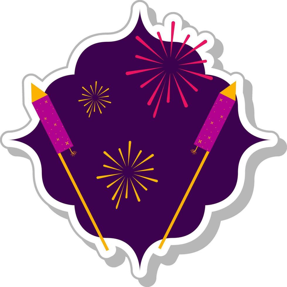 Isolated Sticker Of Two Rocket Firecracker With Fireworks Purple Background. vector