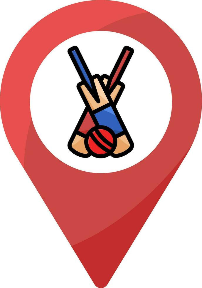 Illustration Of Cricket Bat And Ball Map Pin Icon In Flat Style. vector