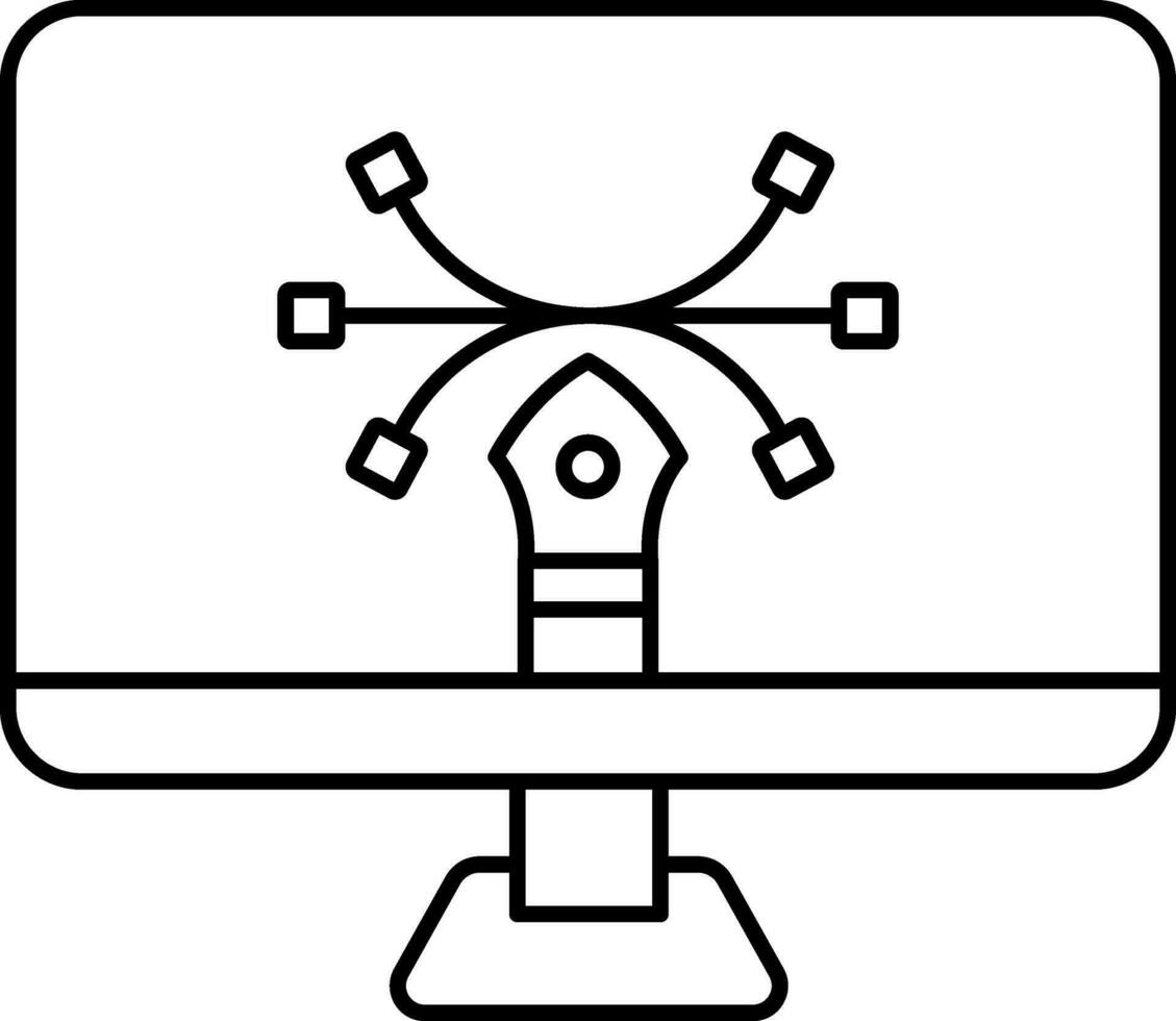 Pen Tool In Computer Screen Linear Icon. vector