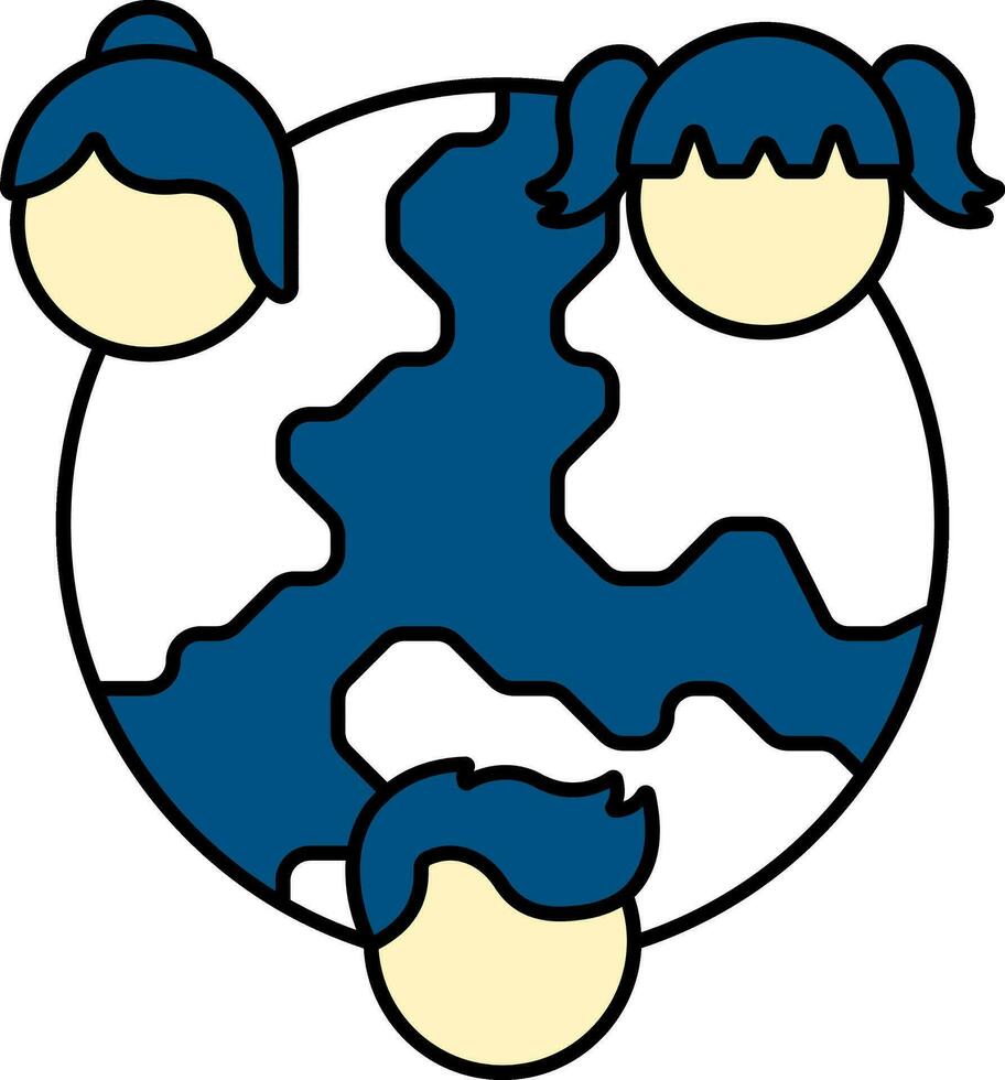 Cartoon Girls And Boy Face With Earth Globe Icon In Yellow And Blue Color. vector