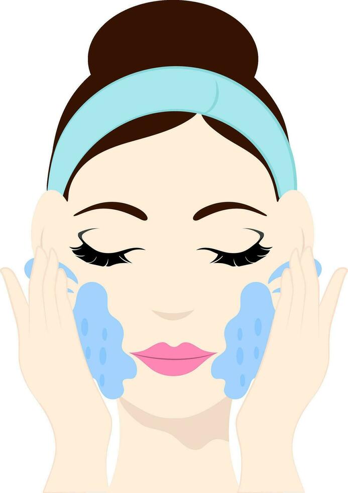 Blue Hair Band Wear Female Washing Or Cleaning Her Face Flat Icon. vector
