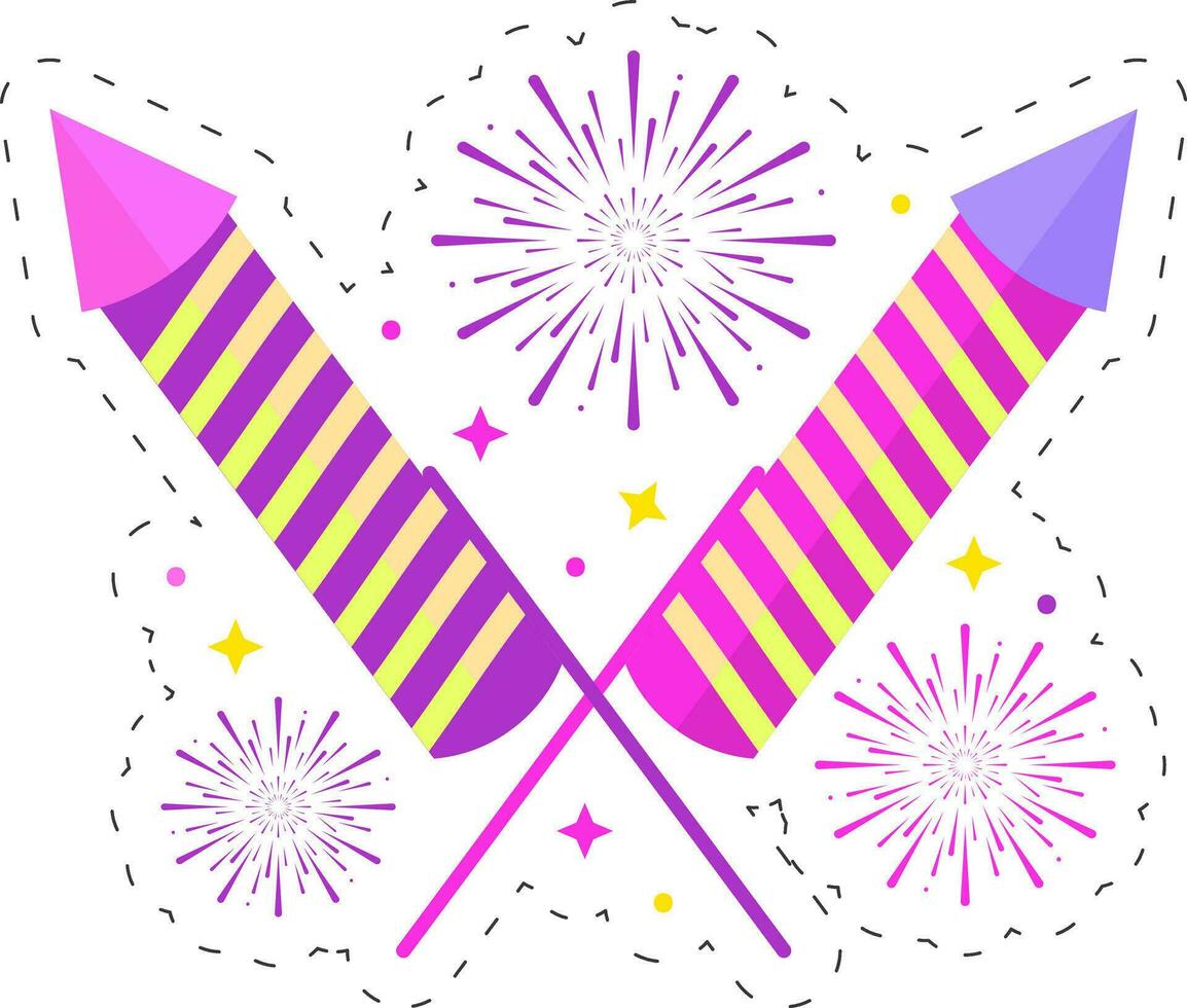 Sticker Style Pink And Yellow Cross Firecracker Rocket With Firework Blast Background. vector