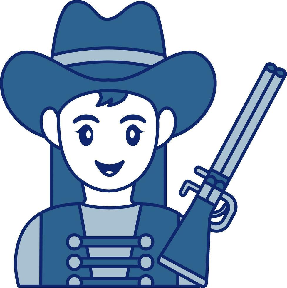 vaquera con rifle icono en azul y blanco color. vector