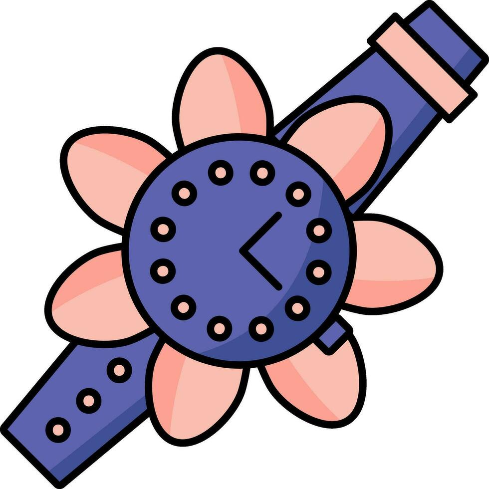 Flower Shaped Wristwatch Icon In Pink And Navy Blue Color. vector