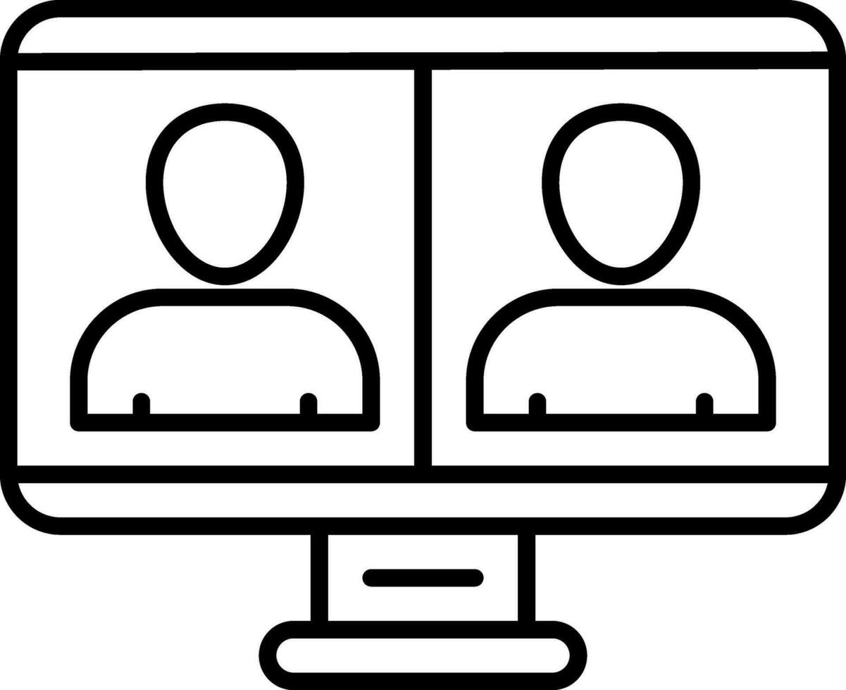 Two Man Video Calling In Monitor Screen Black Outline Icon. vector