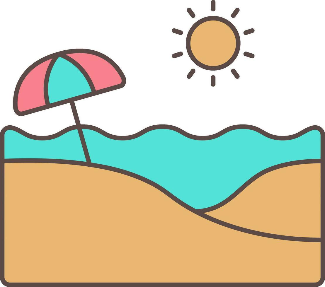 Umbrella In Sand Water Wave With Sun Colorful Icon. vector