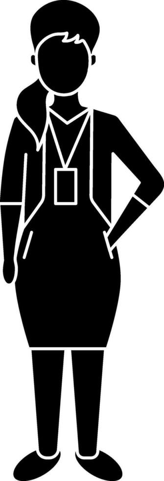 Young Woman Wearing ID Card Icon In Black and White Color. vector
