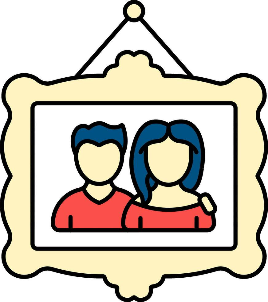 Faceless Young Man And Woman Photo Frame Icon In Yellow Color. vector