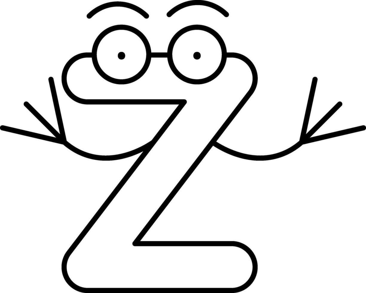 Black Outline Capital letter Z Alphabet Cartoon Character Icon. vector