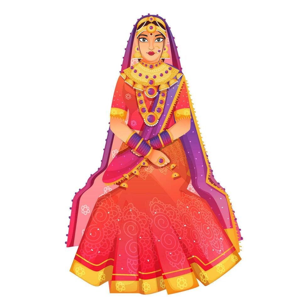 Beautiful Indian Bride Character In Sitting Pose. vector