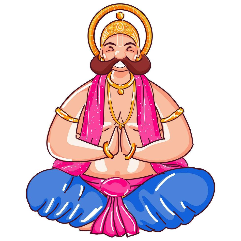 dibujos animados Rey Mahabali haciendo namaste en sentar pose. vector