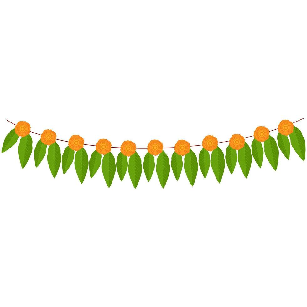 Marigold And Mango Leaves Toran On White Background. vector