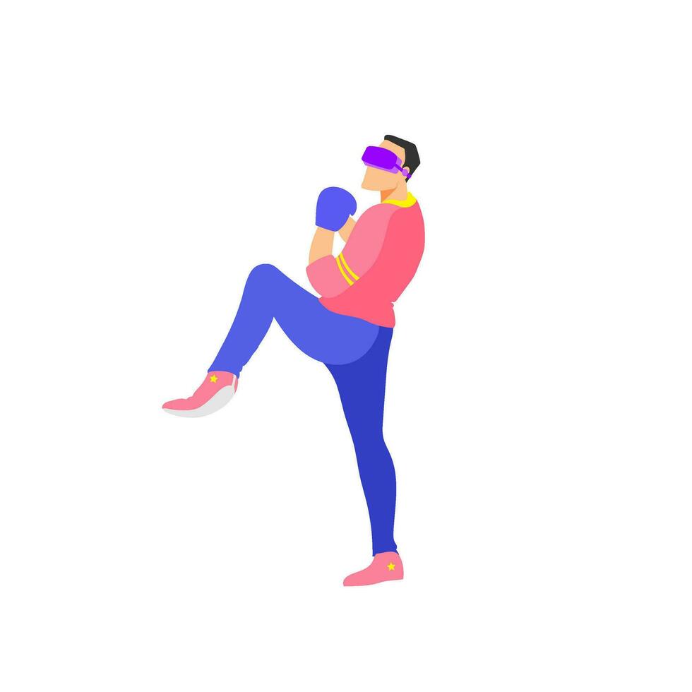 Character of man wearing VR box in playing pose. vector