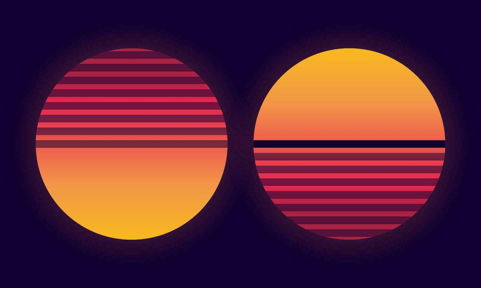 Vector illustration of two retro suns. Futuristic background with sunset. Trendy design for sci-fi, cyber abstract poster, print.