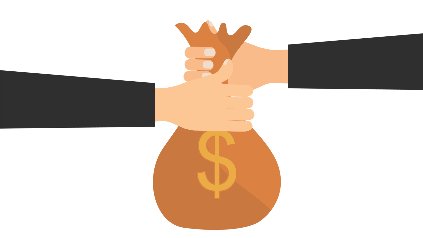 Giving a money bag to a businessman. Hands taking and giving money to one another. Sack of money with two human hands. png