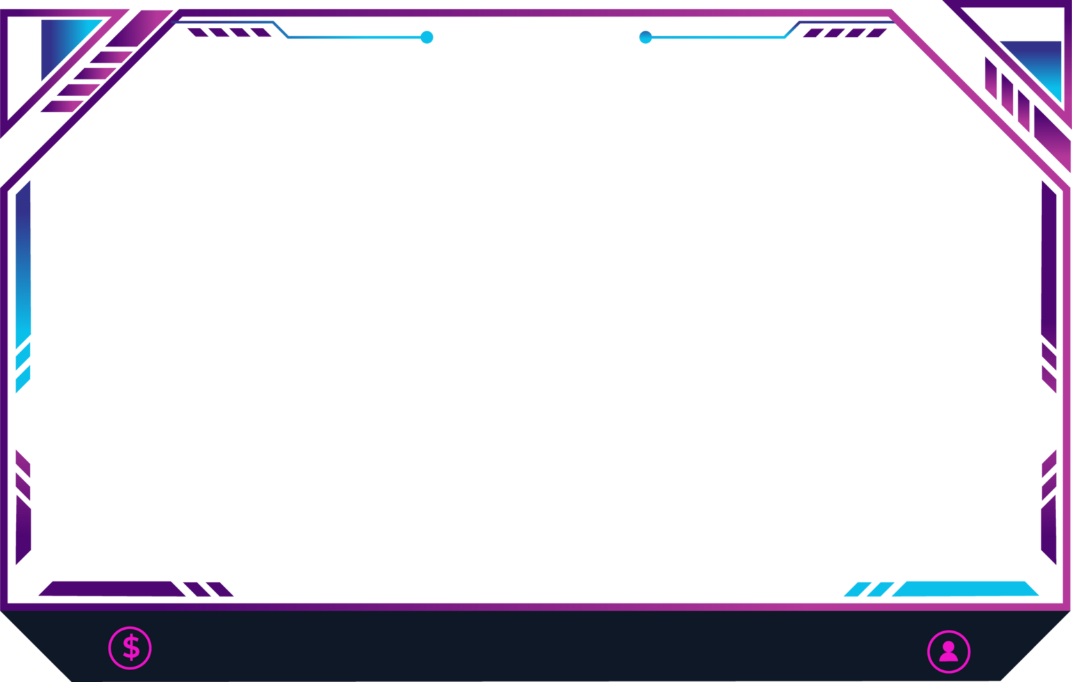 Digital online gaming overlay design with modern abstract shapes and dark screen panels. Futuristic streaming overlay png for broadcast screen panel. Live gaming frame design with digital buttons.