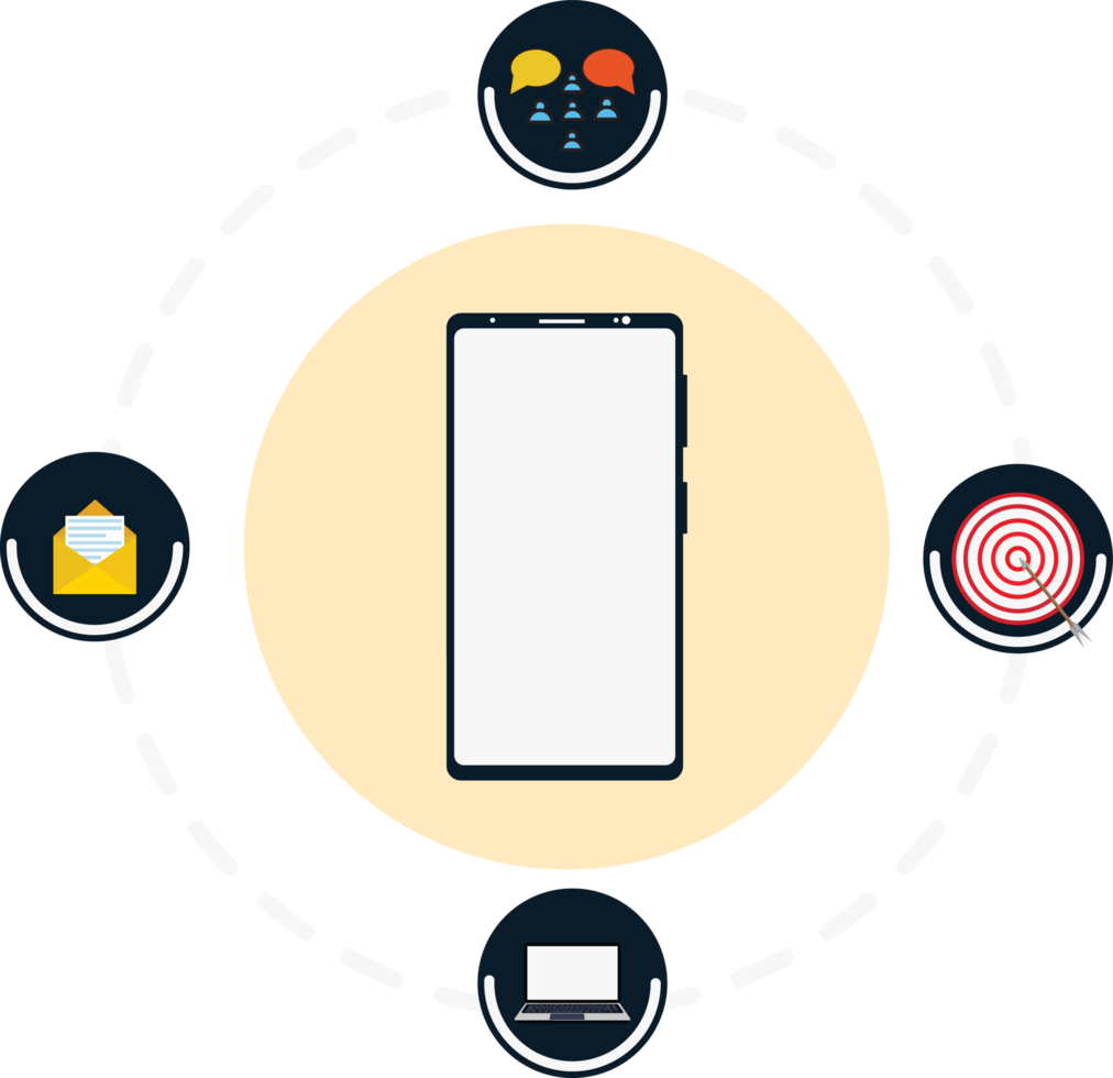 Social media marketing with a smartphone. Digital marketing system with mobile phone and laptop icons. png