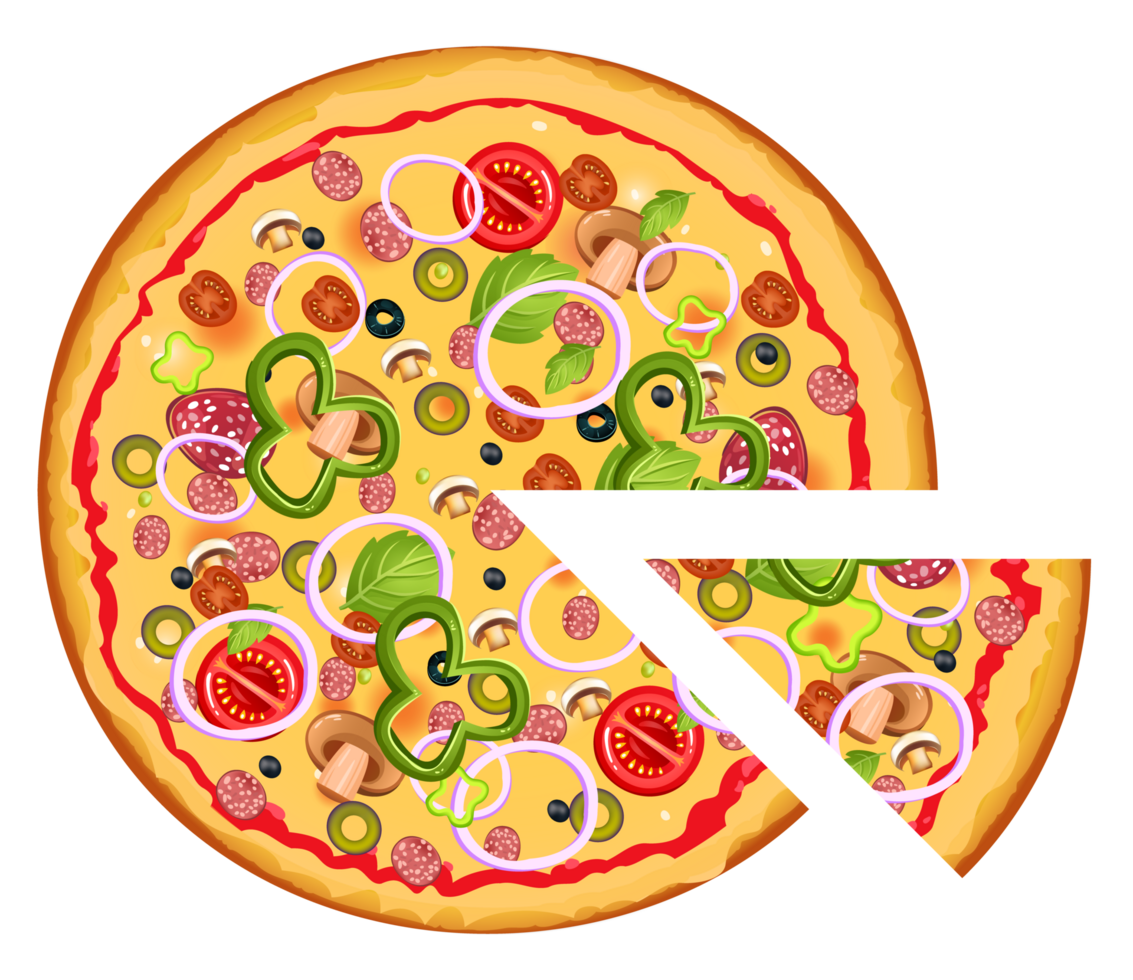 Pizza slices on a table. Delicious pizza with different kinds of toppings. Pizza with so many toppings. Slice of a pizza png