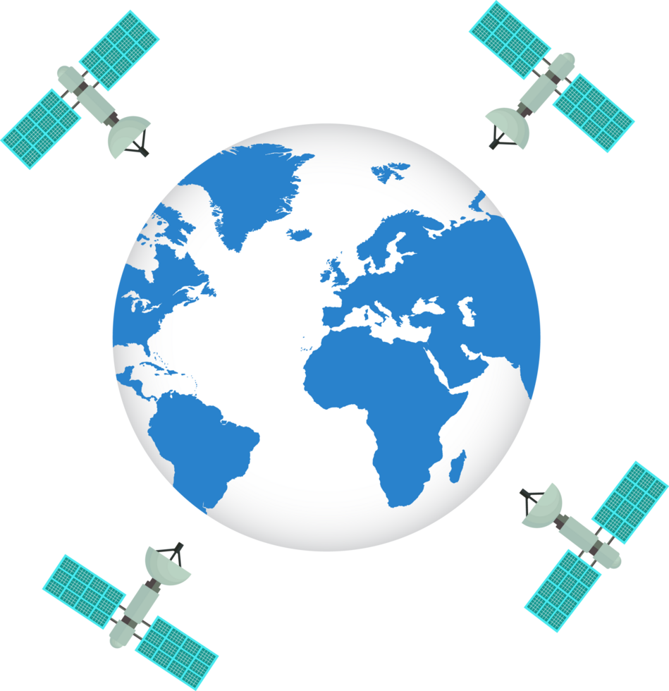 Communication satellites flying orbital spaceflight around the earth. A space station with solar