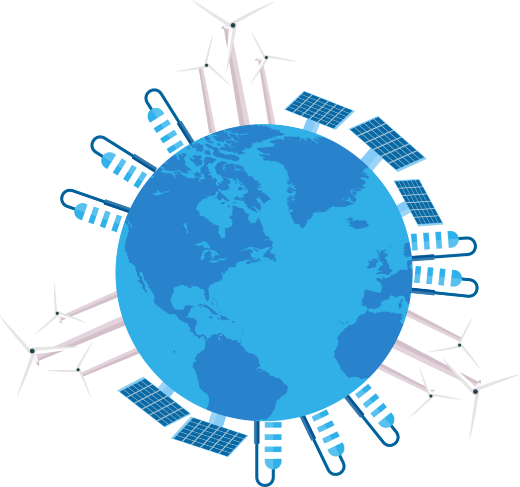 Using natural power plants to create electricity. Producing power with windmills and solar panels to protect the world environment. png