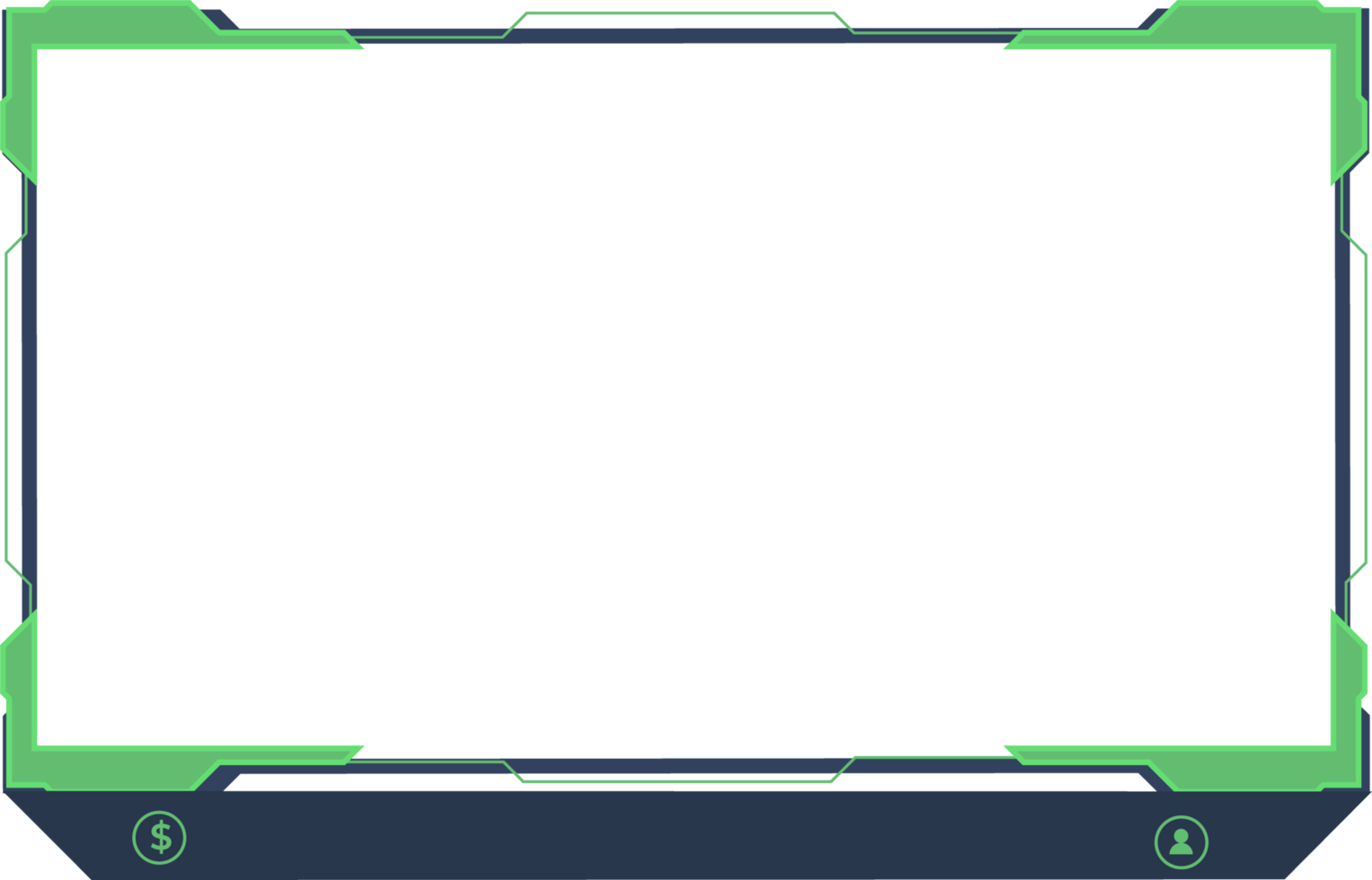 Futuristic green gaming overlay decoration for online gamers. Live stream overlay png with offline screen section and colorful buttons. Live streaming overlay design for screen panels.