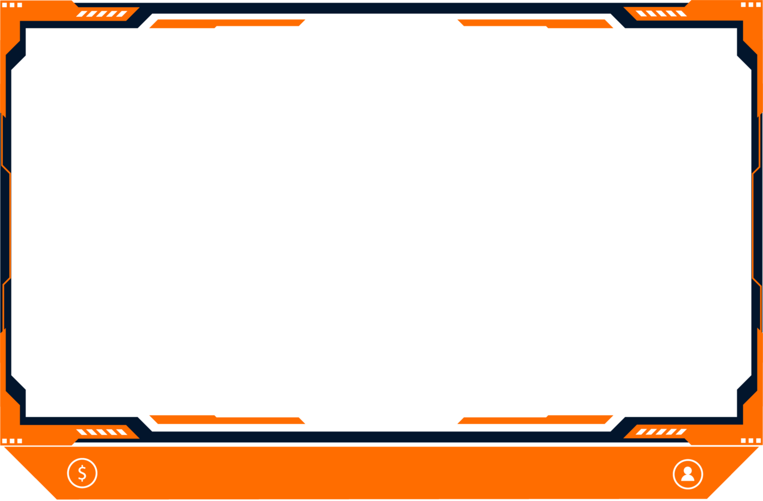 Gaming overlay png with orange and dark color shapes. Streaming overlay frame and screen interface decoration. Futuristic live streaming overlay design with creative shapes for online gamers.