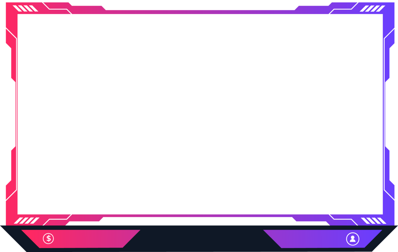 Digital screen interface and border design for online gamers. Abstract gaming overlay decoration with white, pink, and purple colors. Futuristic streaming overlay with buttons and an offline screen. png