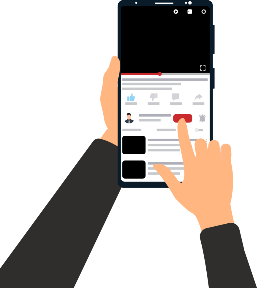 Typing comments with a mobile keyboard for online channels. Hand holding mobile phone and watching online video. png
