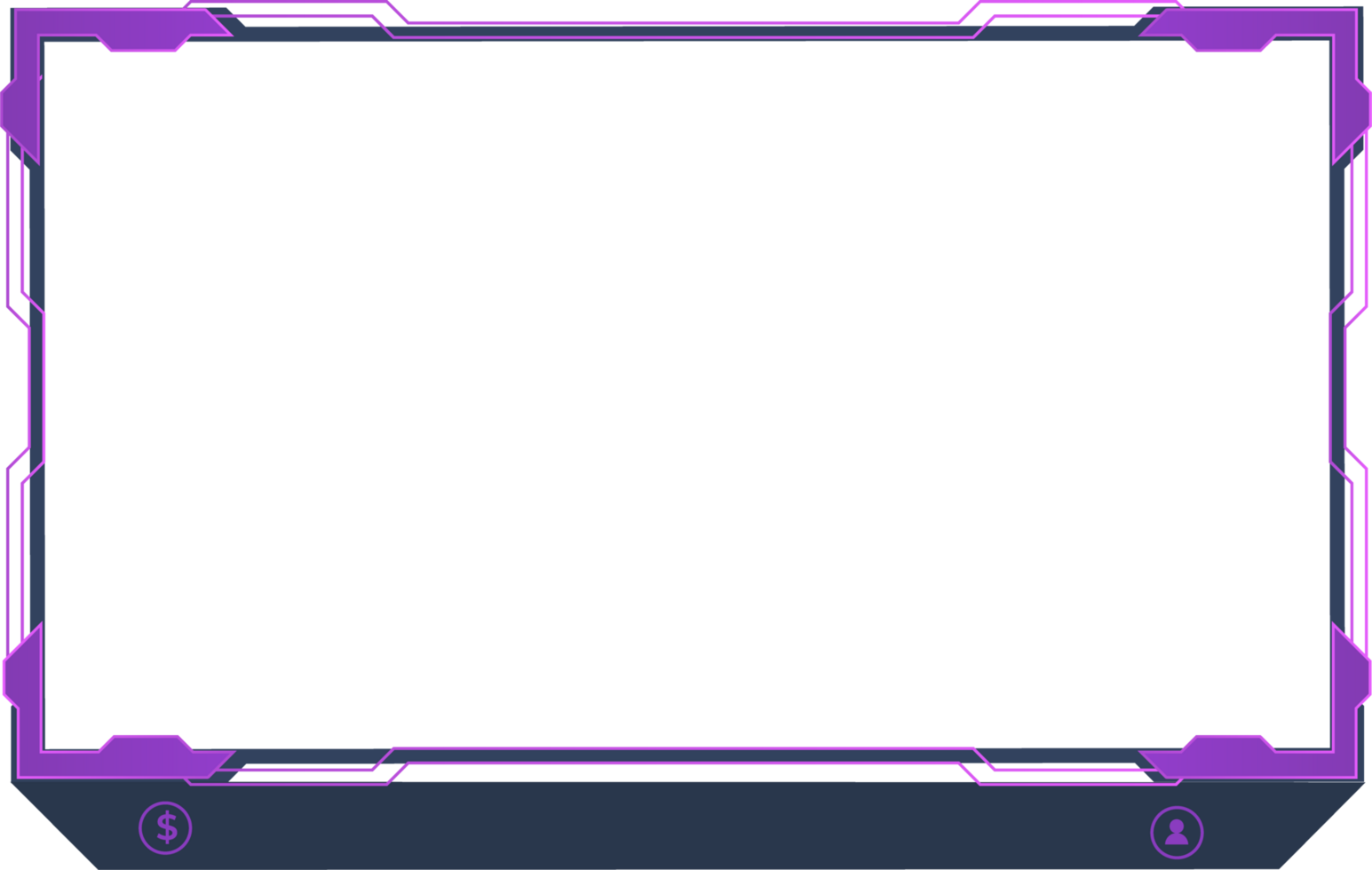 Futuristic gamer screen interface decoration with abstract shapes and purple colors. Modern live-streaming border frame design with subscribe buttons. Special gaming overlay frame png. png