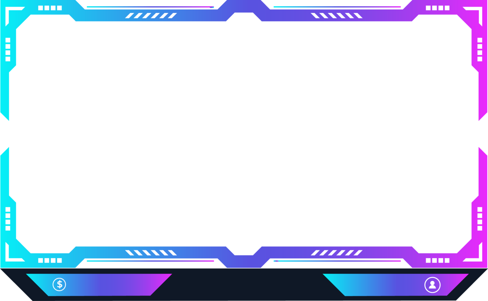 Live streaming and streaming icon design with buttons. Broadcast screen overlay design with blue and purple colors. Futuristic online gaming overlay button png with digital abstract shapes.