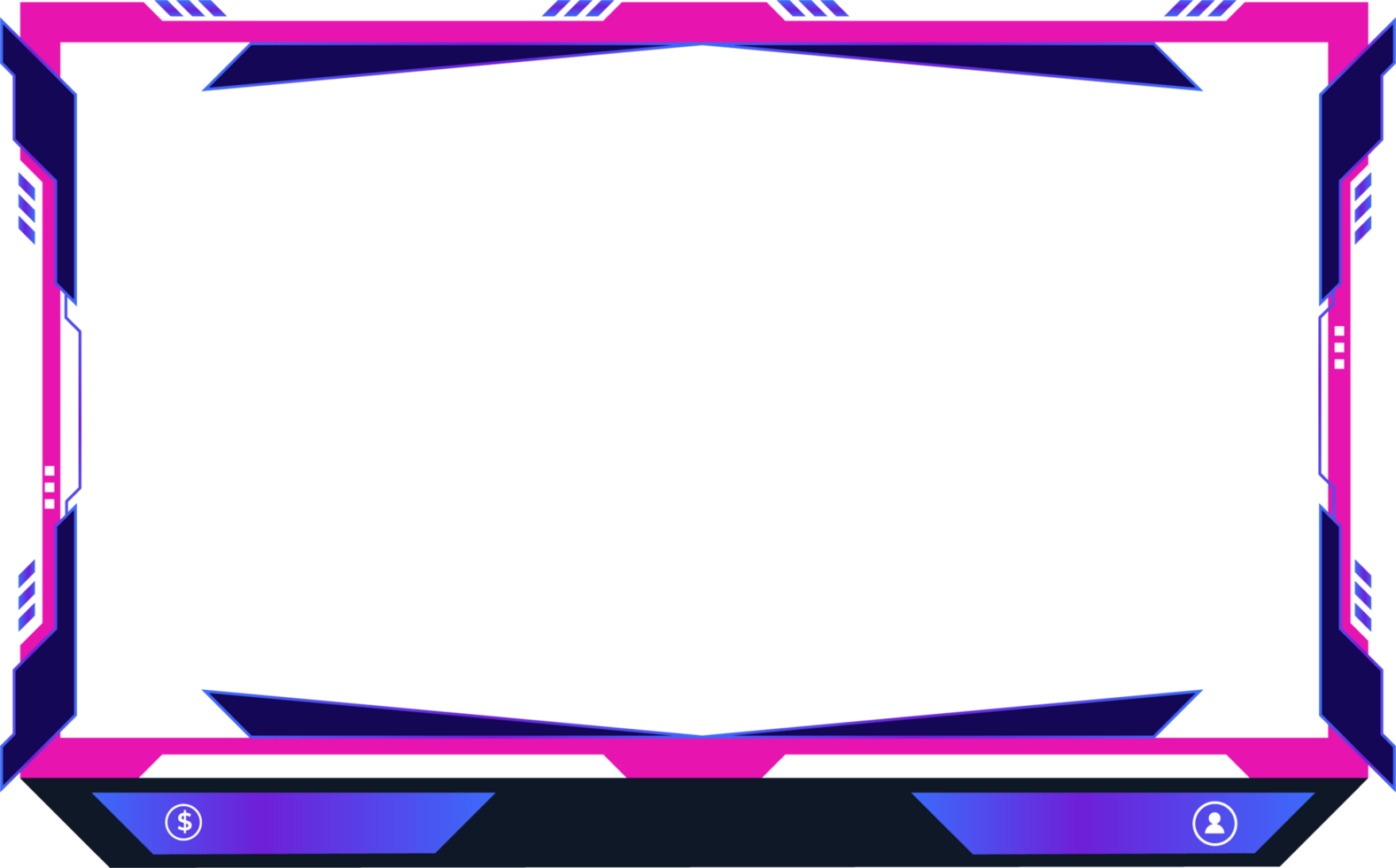 Live streaming overlay png with girly pink color borders. A futuristic broadcast screen panel for online gamers with buttons. Online gaming screen border design for girl gamers.