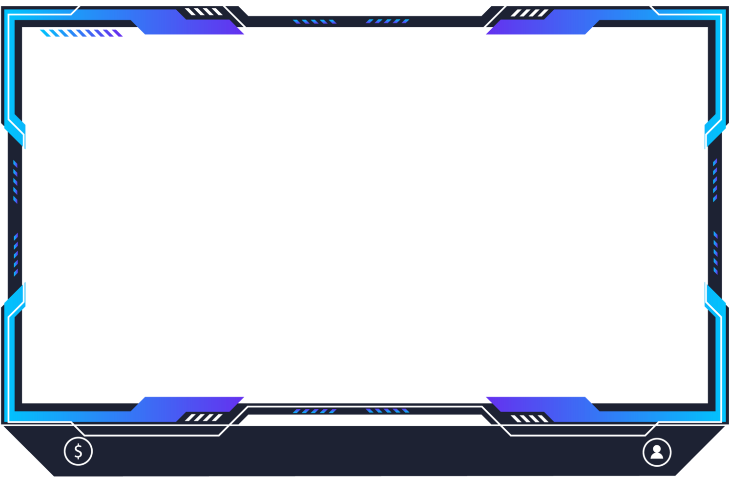 Creative streaming overlay design for online gamers with blue colors. Futuristic live screen border png with buttons. Streaming overlay screen interface design. Broadcast screen border.