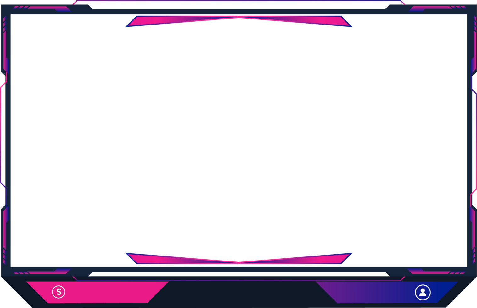 Online gaming screen panel and border design for gamers with colorful buttons. Live streaming overlay decoration with girly pink and blue color shade. Live broadcast elements png. png