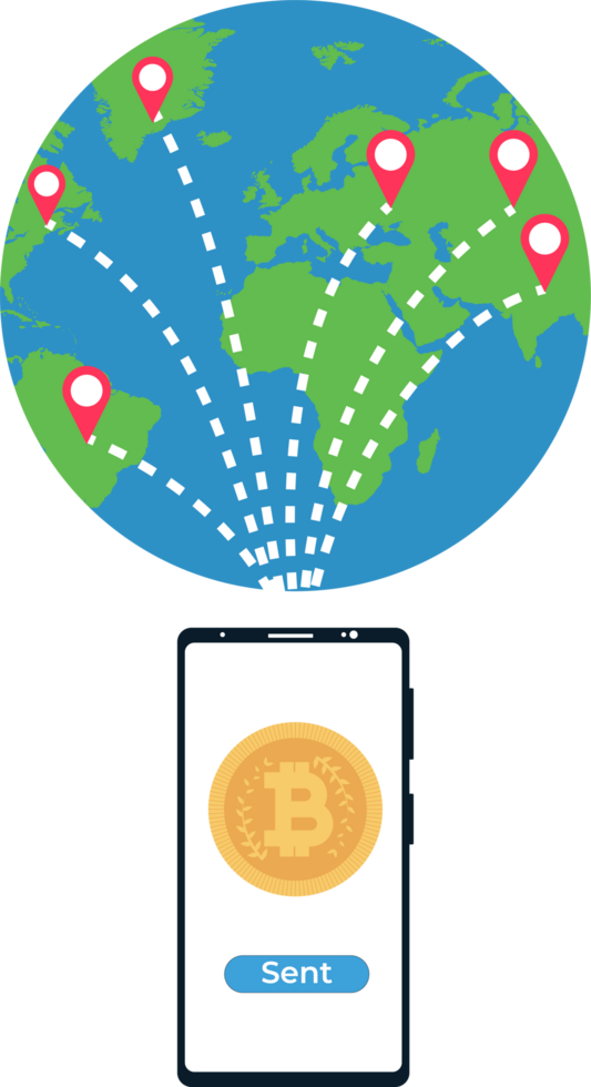 Sending Bitcoin to anywhere in the world with a smartphone. Bitcoin and money transaction method with a world map. png