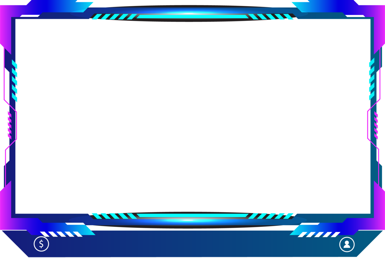 Live screen border and button decoration png for gamers. Screen overlay panel design with blue and purple colors. Broadcast streaming screen overlay png with modern shapes.