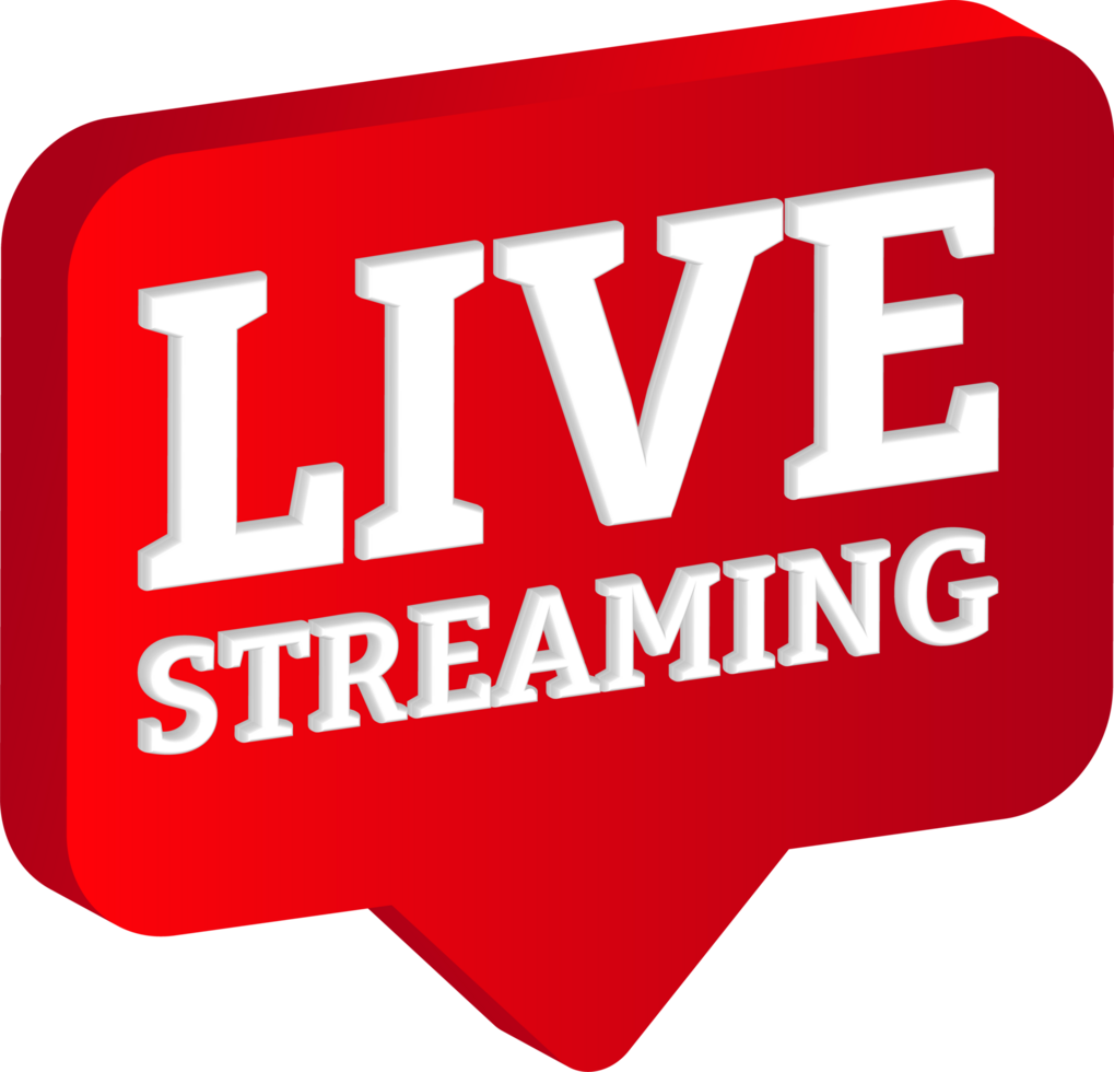 Stylish live streaming icon with red color shade. Broadcast streaming badge or floater. Live streaming 3D icon design. png