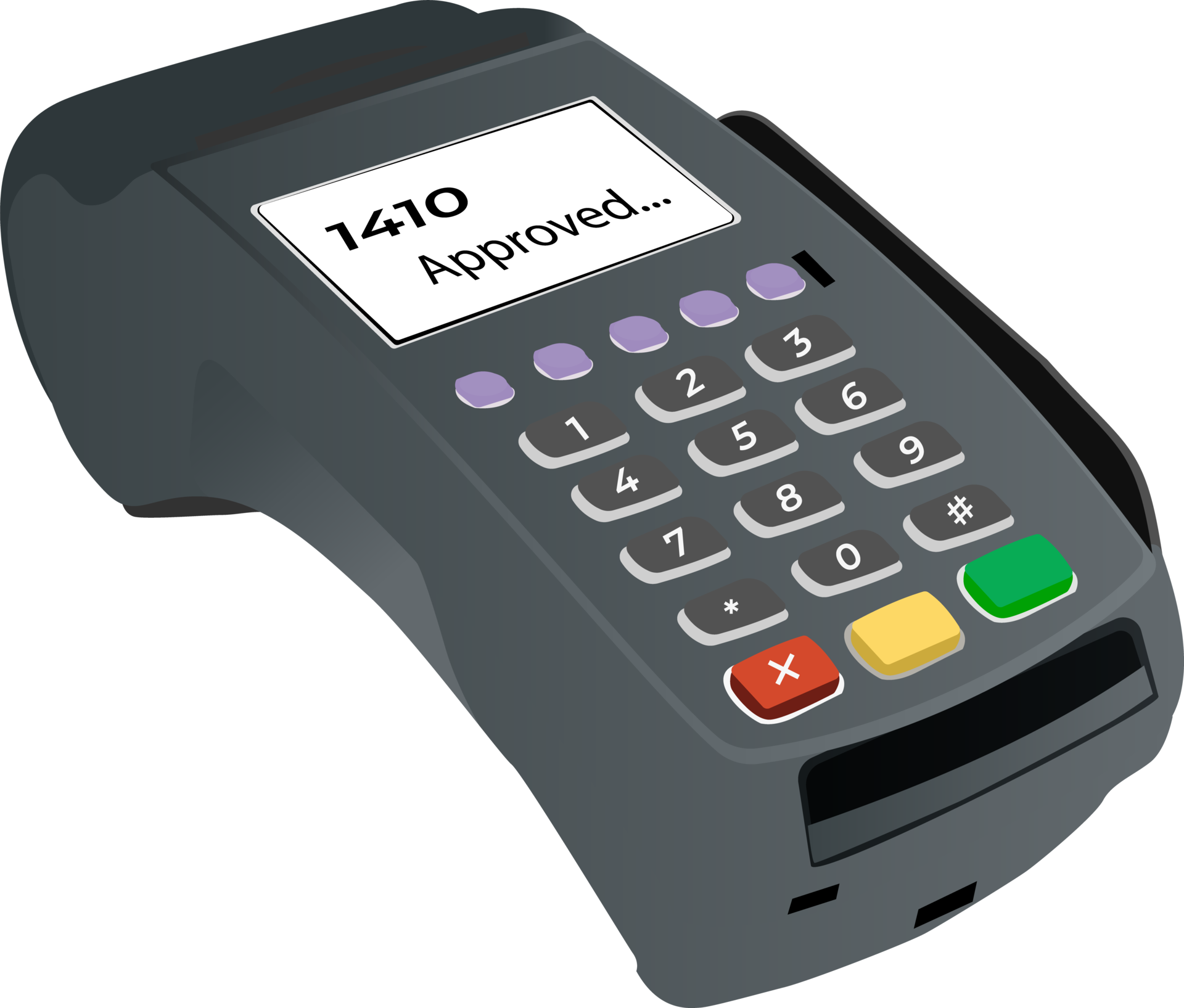 Flat illustration of a hand holding credit card. Credit card reader