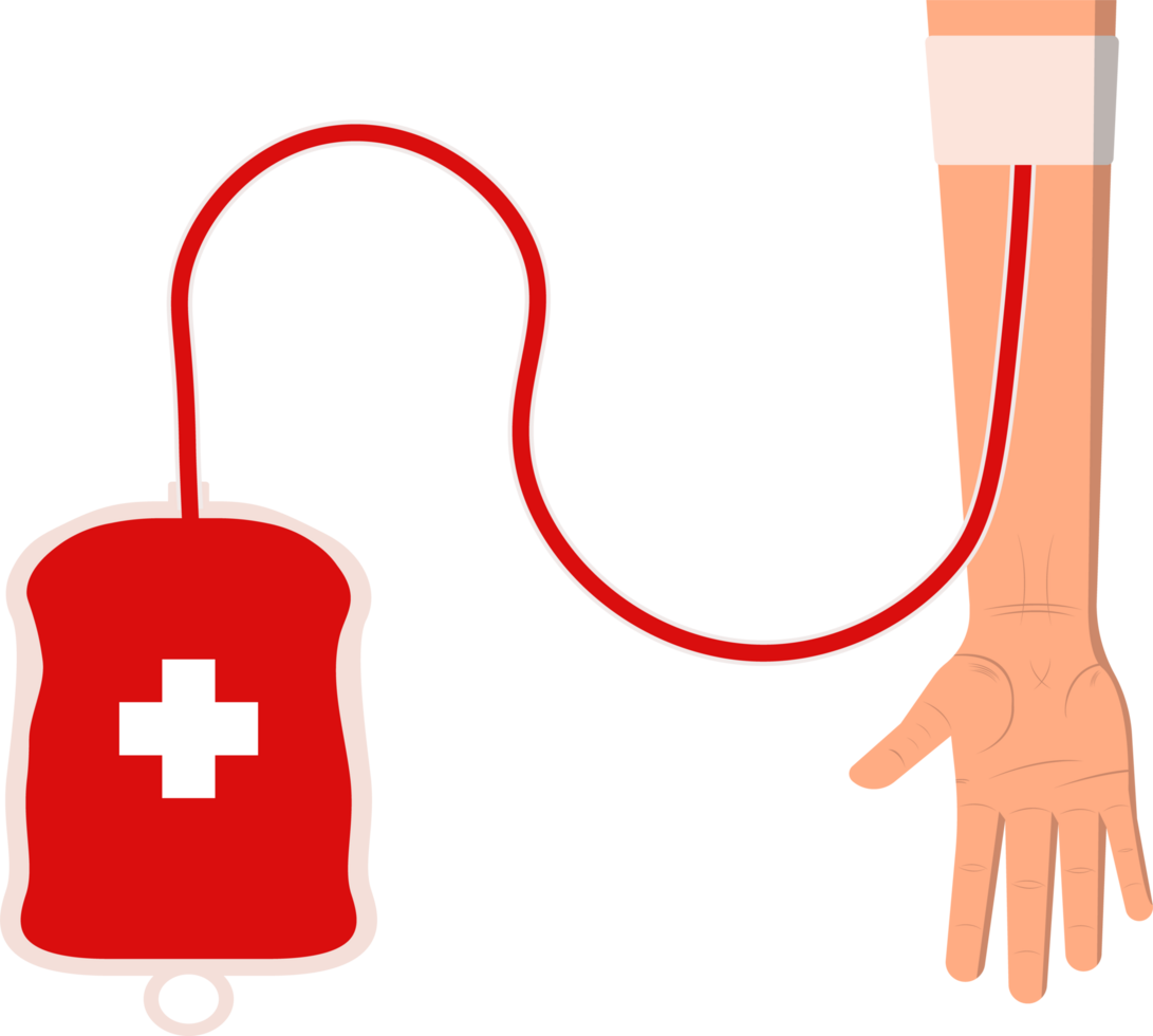 sangue doação Projeto com uma do doador mão e sangue bolsa. dando sangue ilustração. uma sangue saco e uma humano mão. png