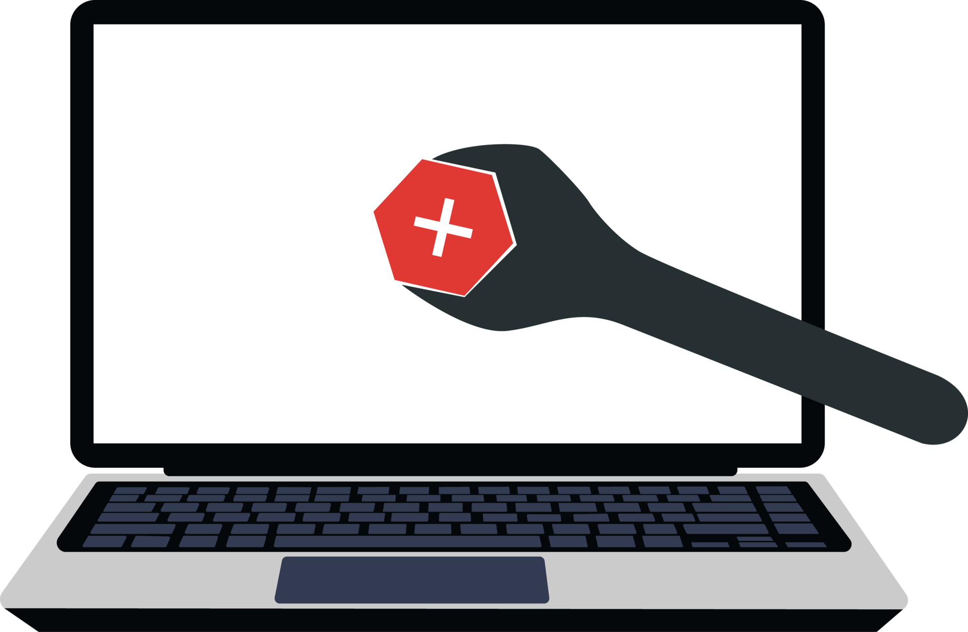 Fixing hardware or software on a laptop. Wrench fixing computer program ...