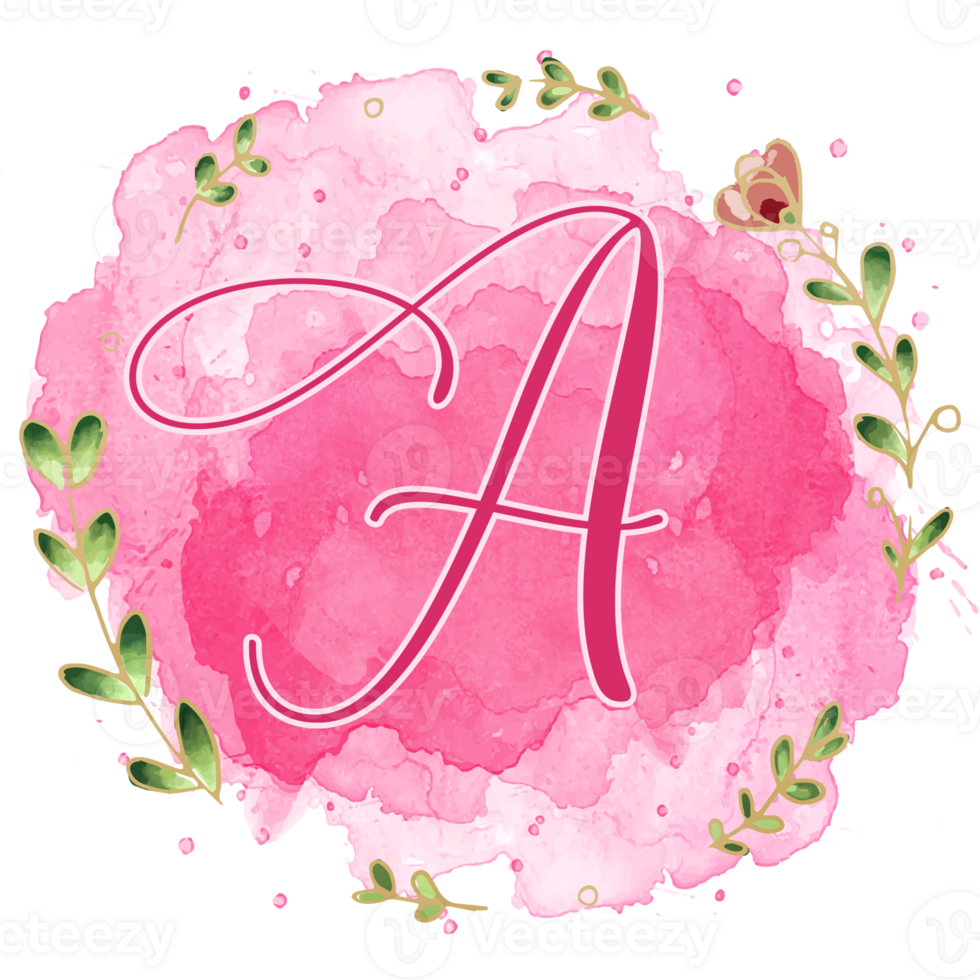 Pink watercolor alphabet set with floral and leaves round frame, includes font or letters and numbers. Beautiful elements for decorative purposes png