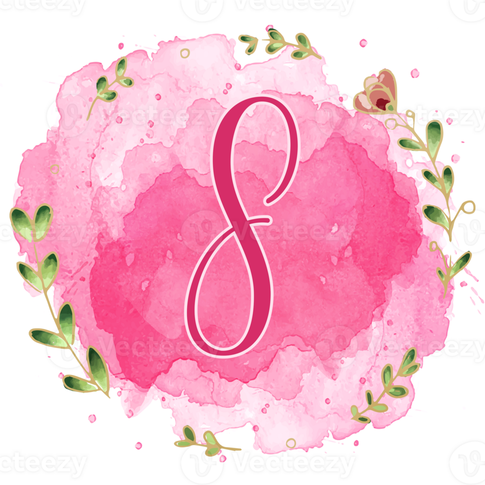 Pink watercolor alphabet set with floral and leaves round frame, includes font or letters and numbers. Beautiful elements for decorative purposes png