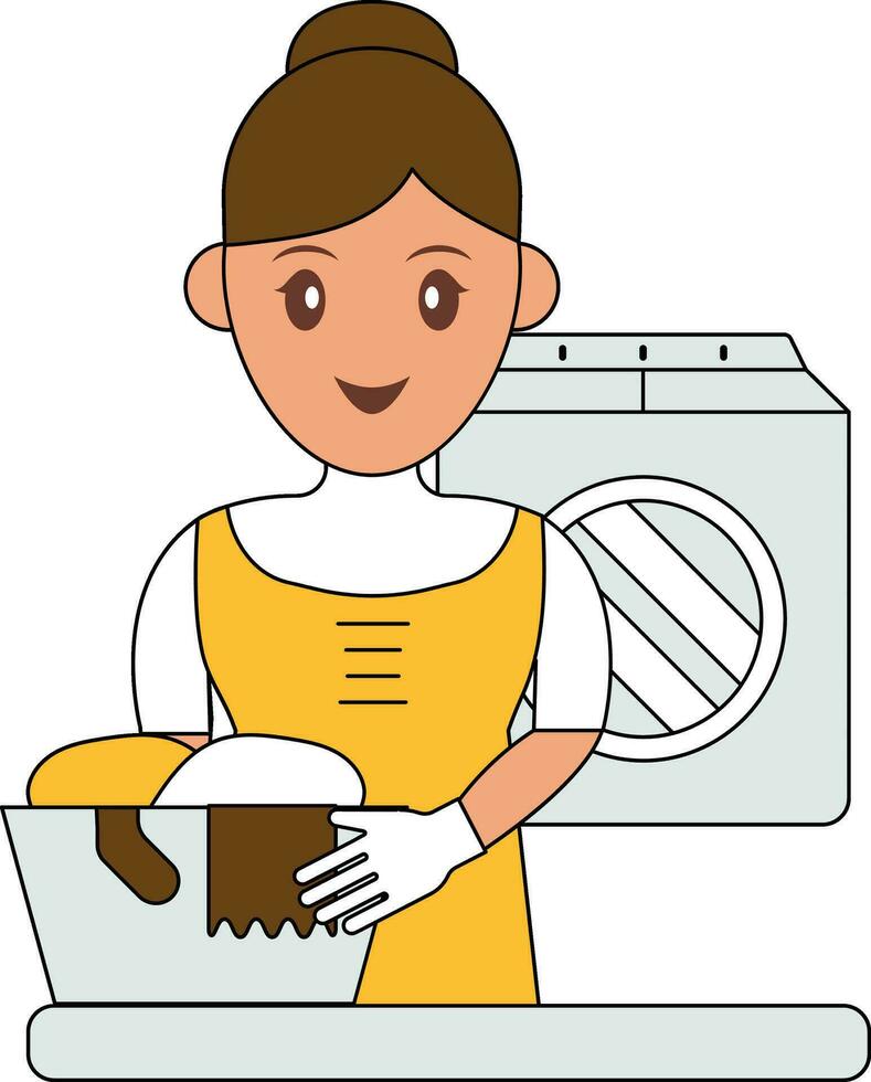 Young Woman Holding Cloth Basket With Washing Machine Colorful Icon. vector
