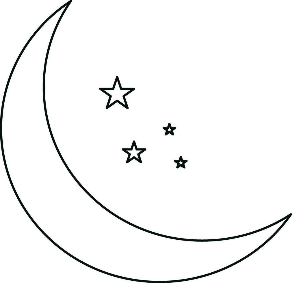 Line art half moon with stars on white background. vector