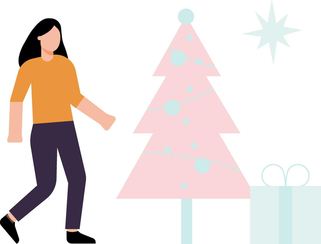 Girl standing with Christmas tree and gift. vector