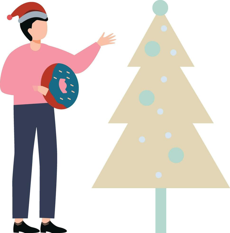 un chico con un rosquilla soportes por un Navidad árbol. vector