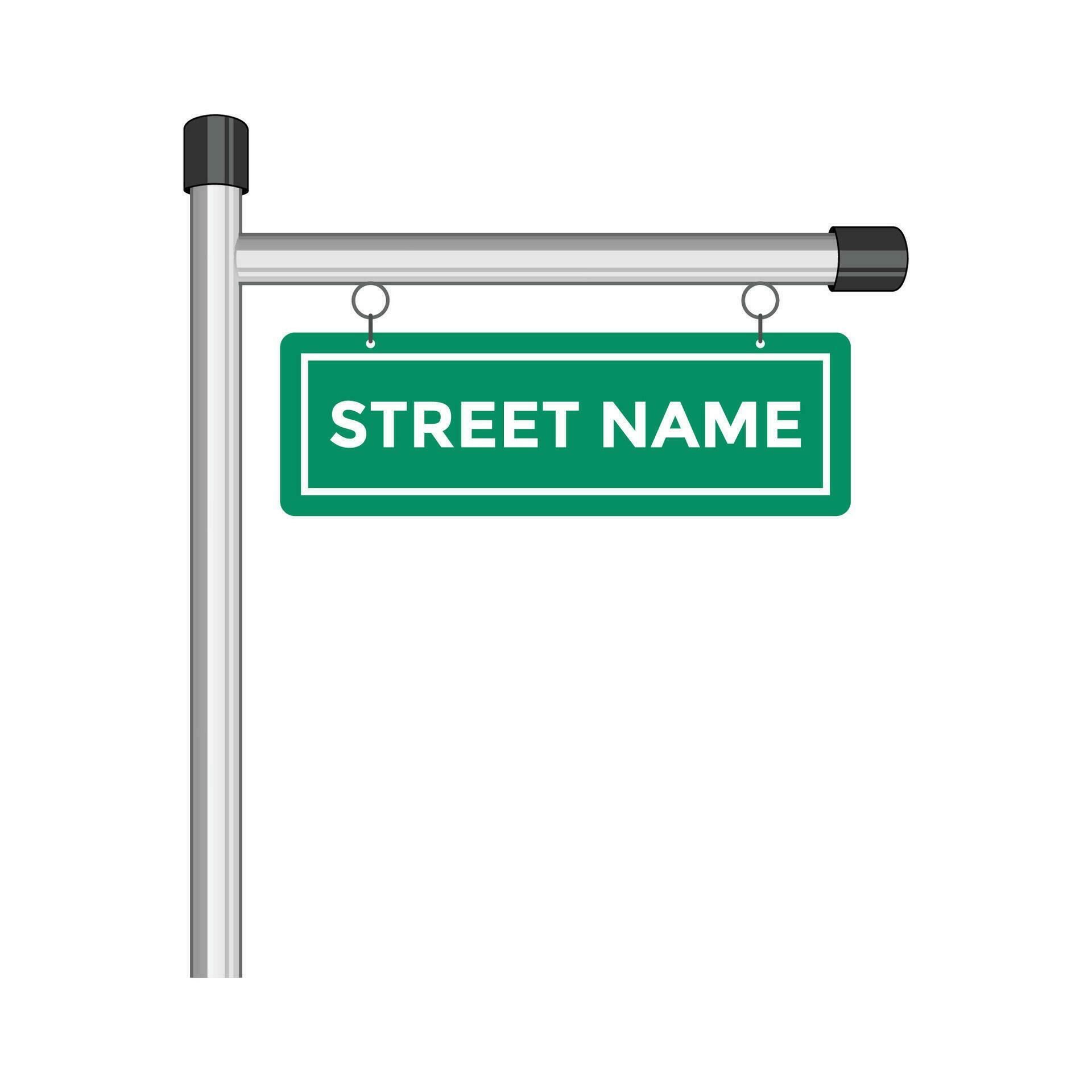 Green street sign, fixed on a pole. An individual street name can be