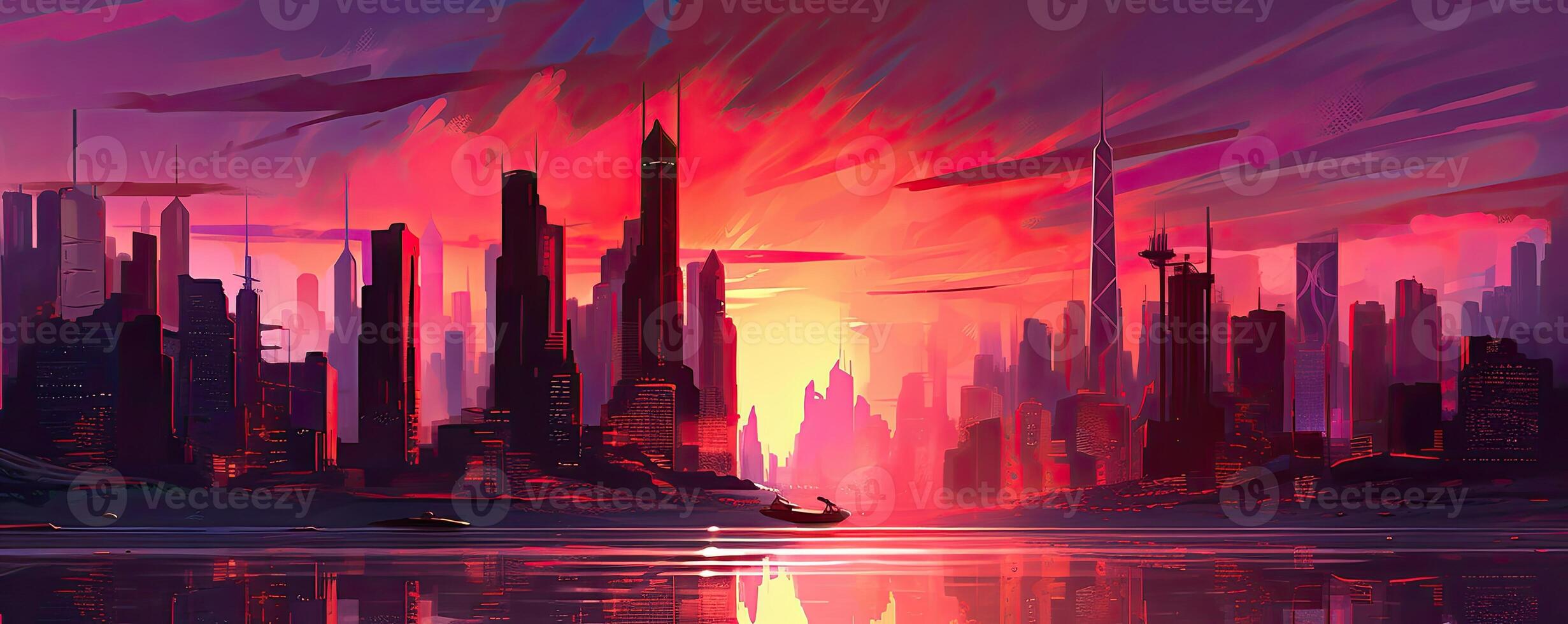 Cyberpunk city skyline at twilight, photo