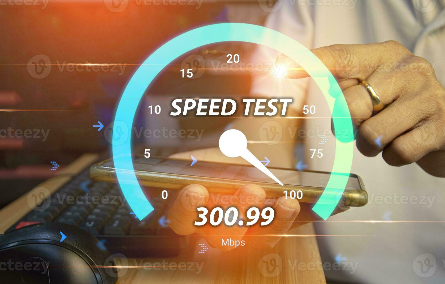 fast internet connection speedtest network bandwidth technology Man using high speed internet with smartphone and laptop computer. 5G quality, speed optimization. photo