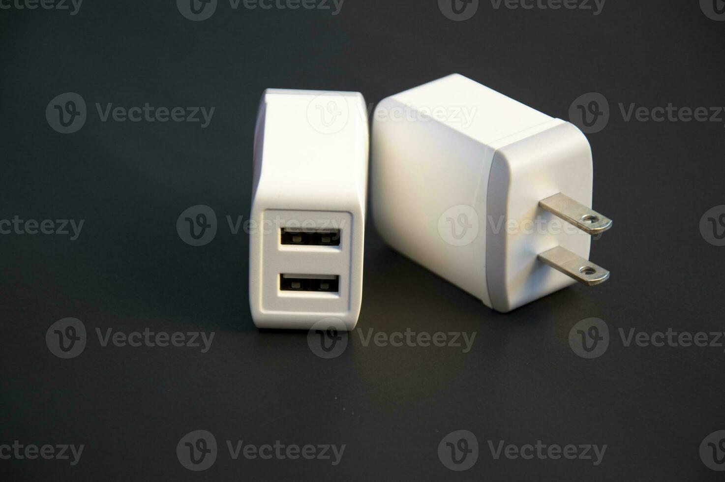 USB charger, white, 2-port type, placed on a black background photo