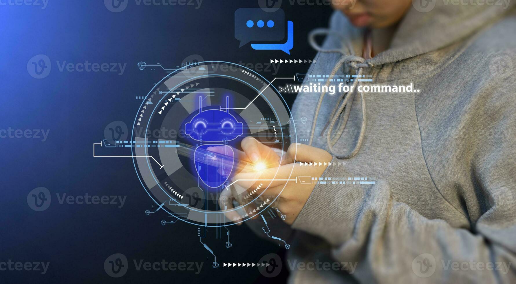 Digital chatbots with smartphones to access information in online networks. Global robotics and connectivity applications, AI innovations and artificial intelligence technology. photo